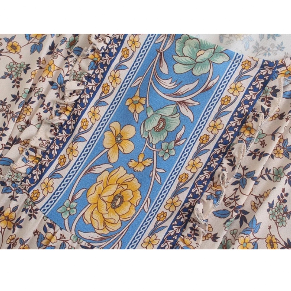 Bohemian Gypsy Floral Print Puff Short Sleeve Dress - Picture 6 of 6